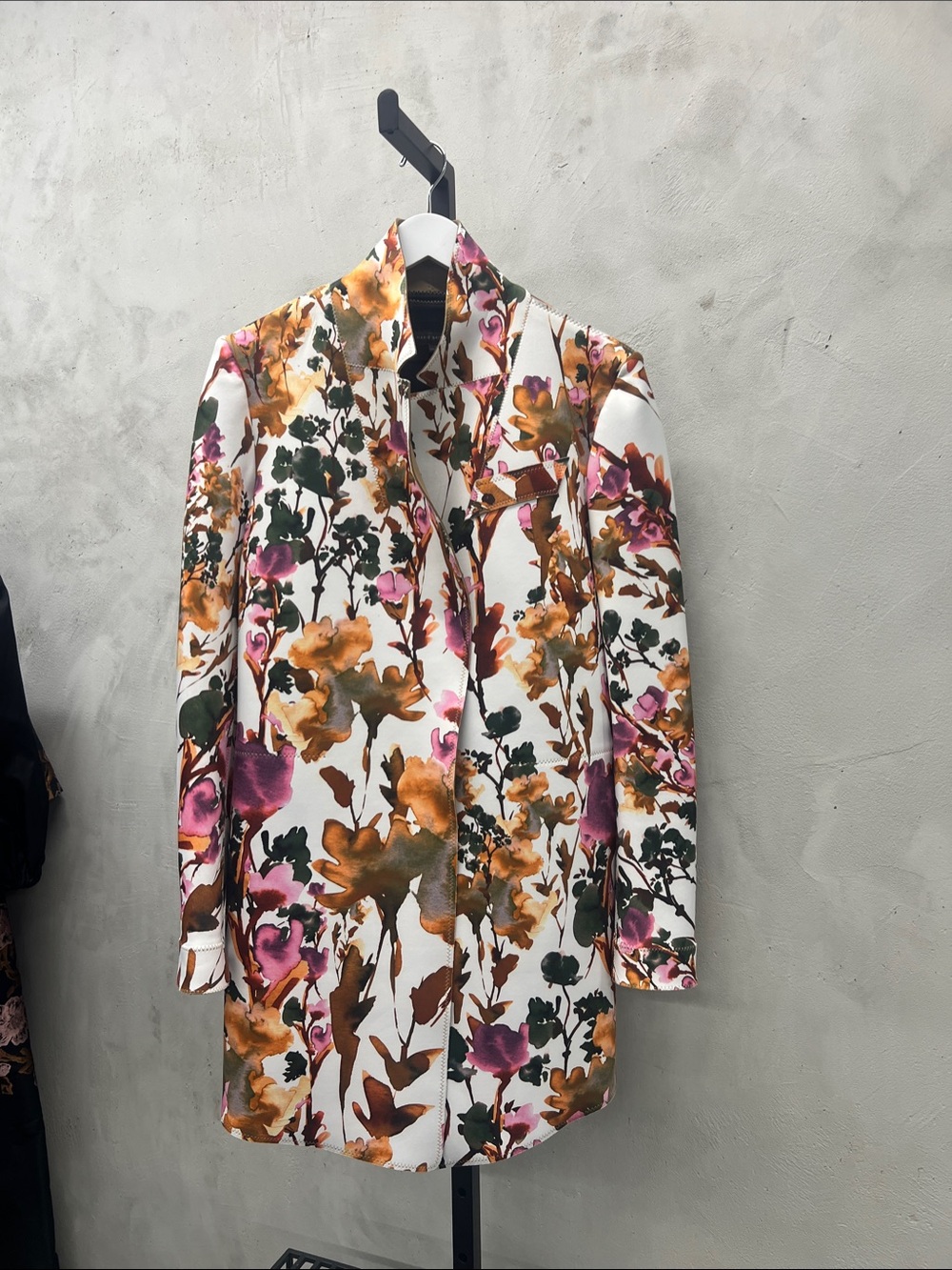 Floral Longline Blazer Jacket - White with Pink, Mustard & Green Floral Print